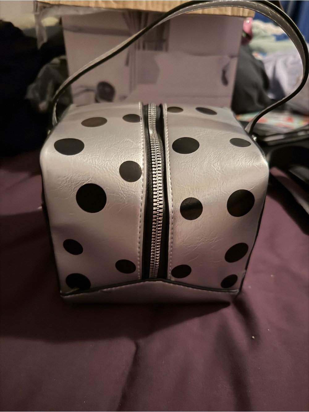 Silver Polka Dot Box Bag Retro Mod Top Handle Crossbody Satchel - Picture 6 of 13
